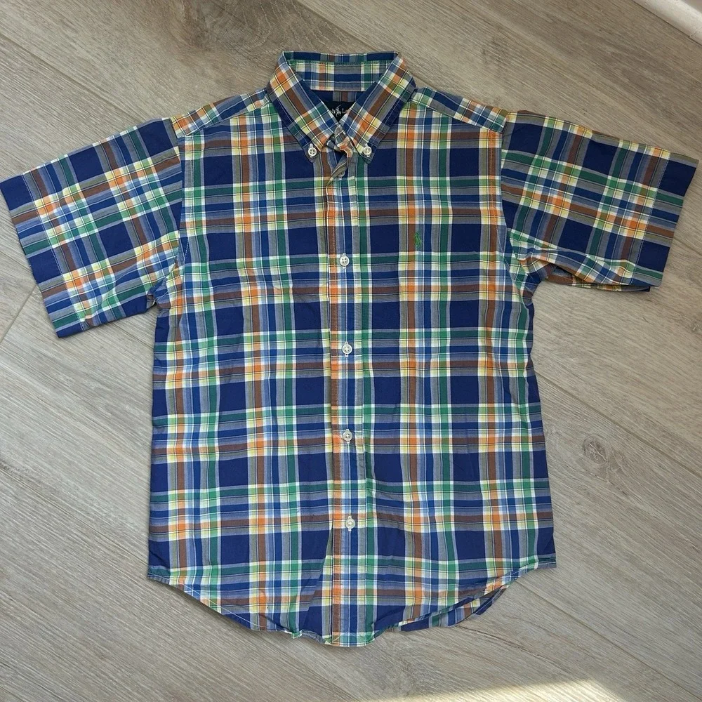 Ralph Lauren Short Sleeve Shirt Youth Kids Boys Size 7‎ Blue Orange  Green Plaid